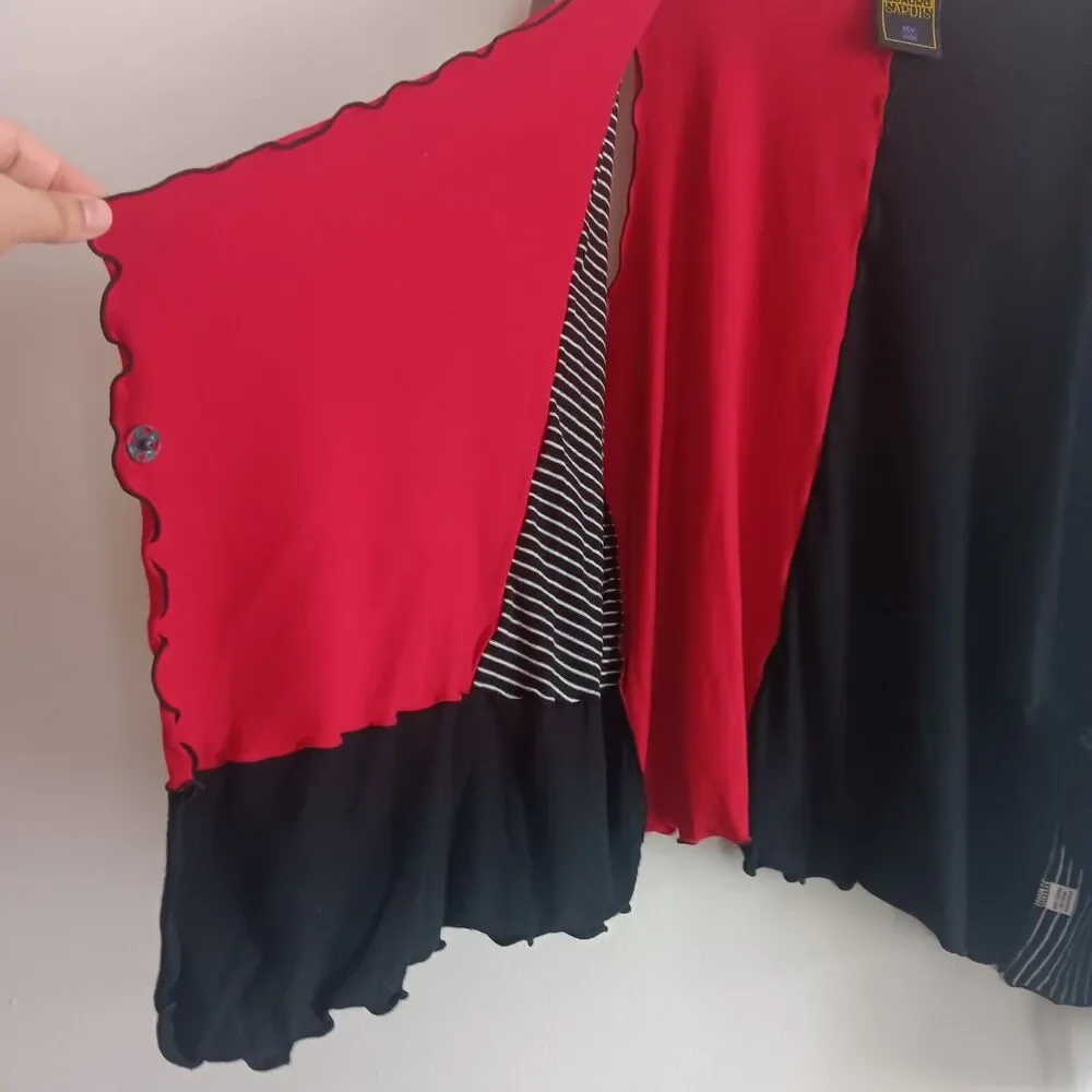 Sondra Sardis‎ Black Red Lettuce Hem Vest Top Patchwork Mixed Artsy Size Small